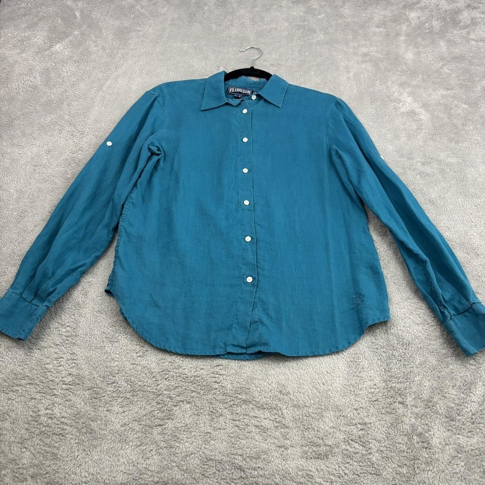 Vilebrequin‎ Linen Button Front Shirt Womens S Blue Logo Beachy Preppy Vacation